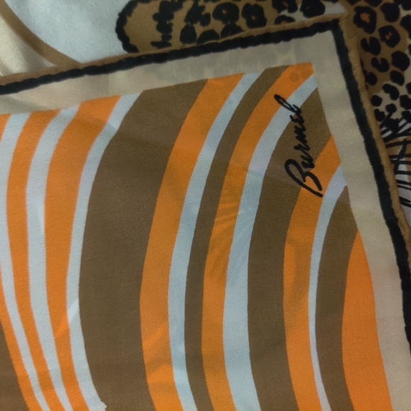 SOLD!! Gorg VTG Burmel 🖤 🤎 🧡 Silk Hand rolled Scarf w Floral and Cheetah - Picture 6 of 7